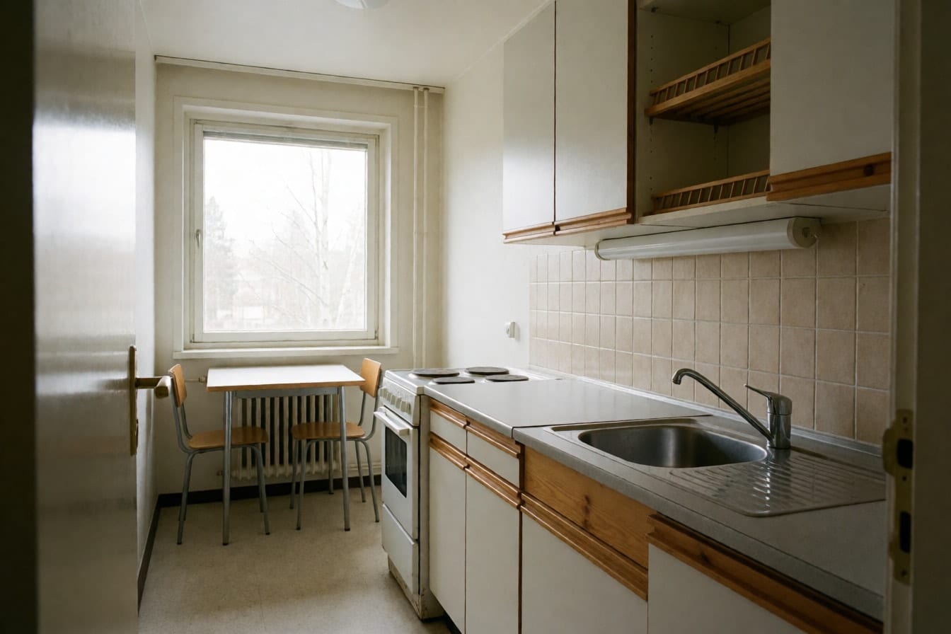 Kerrostalon pieni keittiö, jossa valkoiset laminaattiovet männyn reunalistoin, astiankuivauskaappi ja beige laatoitus