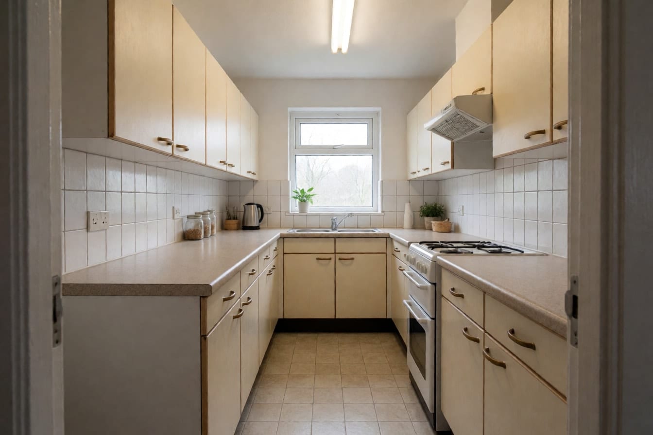 A 1990s kitchen with cream laminate cabinets, brass handles and speckled beige countertops