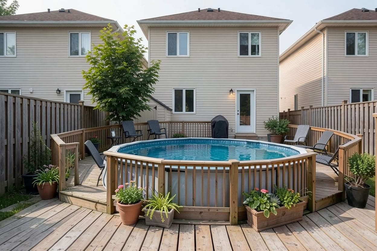 A fenced suburban lawn in Ontario, with an Above-ground pool added.