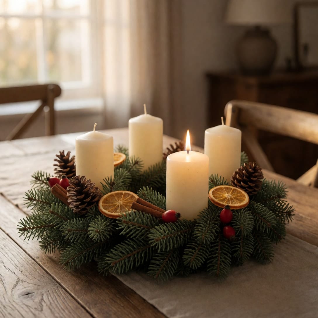 Adventní věnec ze smrku se čtyřmi krémovými svíčkami, šiškami, sušenými pomeranči a skořicí na dřevěném stole