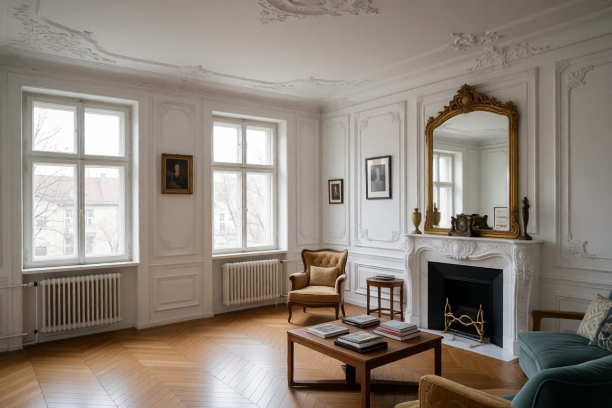 Altbauwohnzimmer mit Stuckdecke und hohen Fenstern im Pariser Chic, mit eleganten Polstermöbeln, Spiegel und warmem Licht