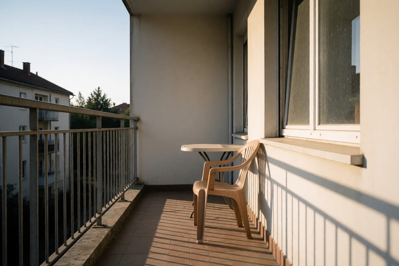 Fayans zeminli, metal korkuluklu, plastik sandalye ve küçük masalı dar bir apartman balkonu