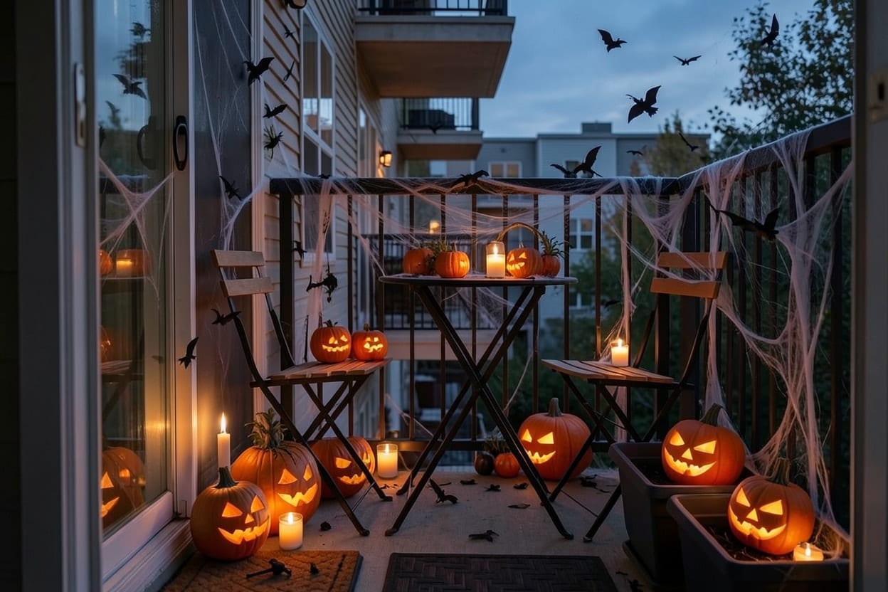 The same balcony with string lights on the railing, lanterns and small pumpkins on the table and planters