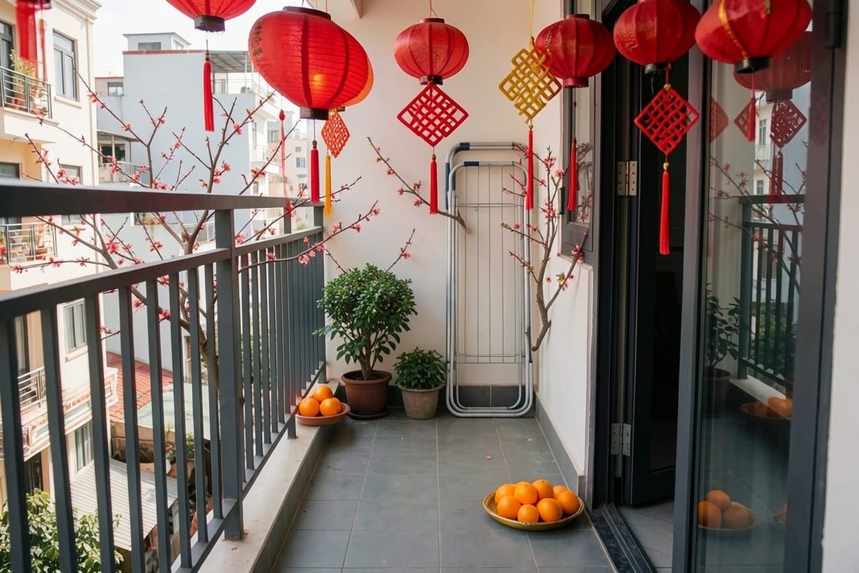 Ban công chung cư trang trí Tết với đồ trang trí đỏ dọc lan can và trên sàn, kích thước ban công giữ nguyên