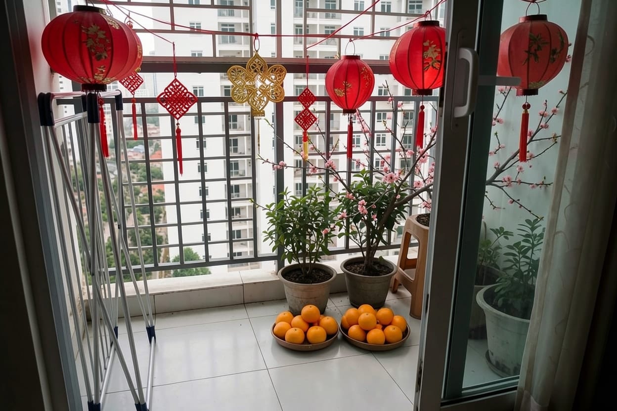 Ban công chung cư nhỏ trang trí Tết với đèn lồng đỏ, chậu quất và cành hoa đào, nhà cao tầng phía xa