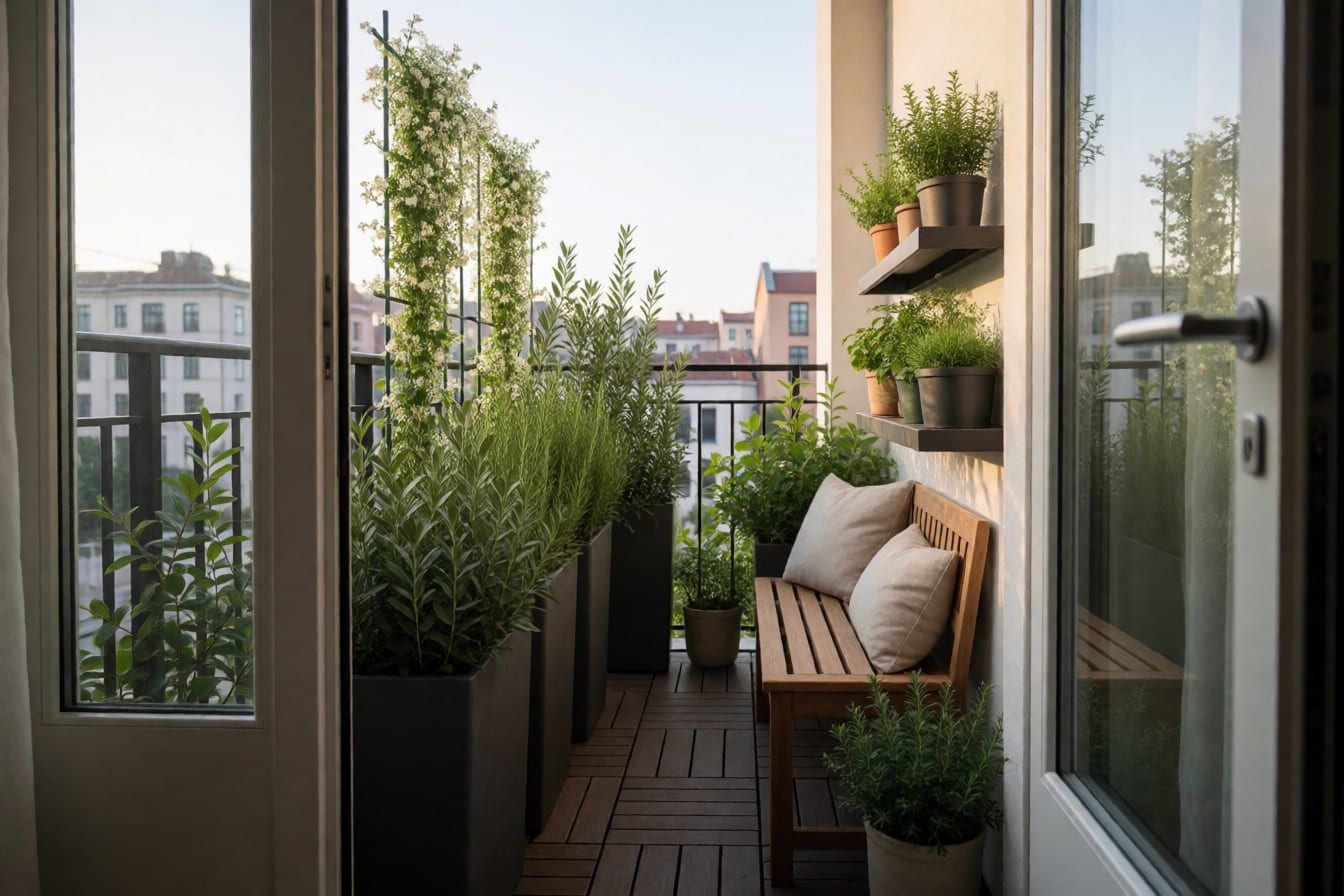 Balcone stretto trasformato in giardino con fioriere alte di ulivo e rosmarino, gelsomino su un graticcio, erbe su una mensola e una panchina in teak