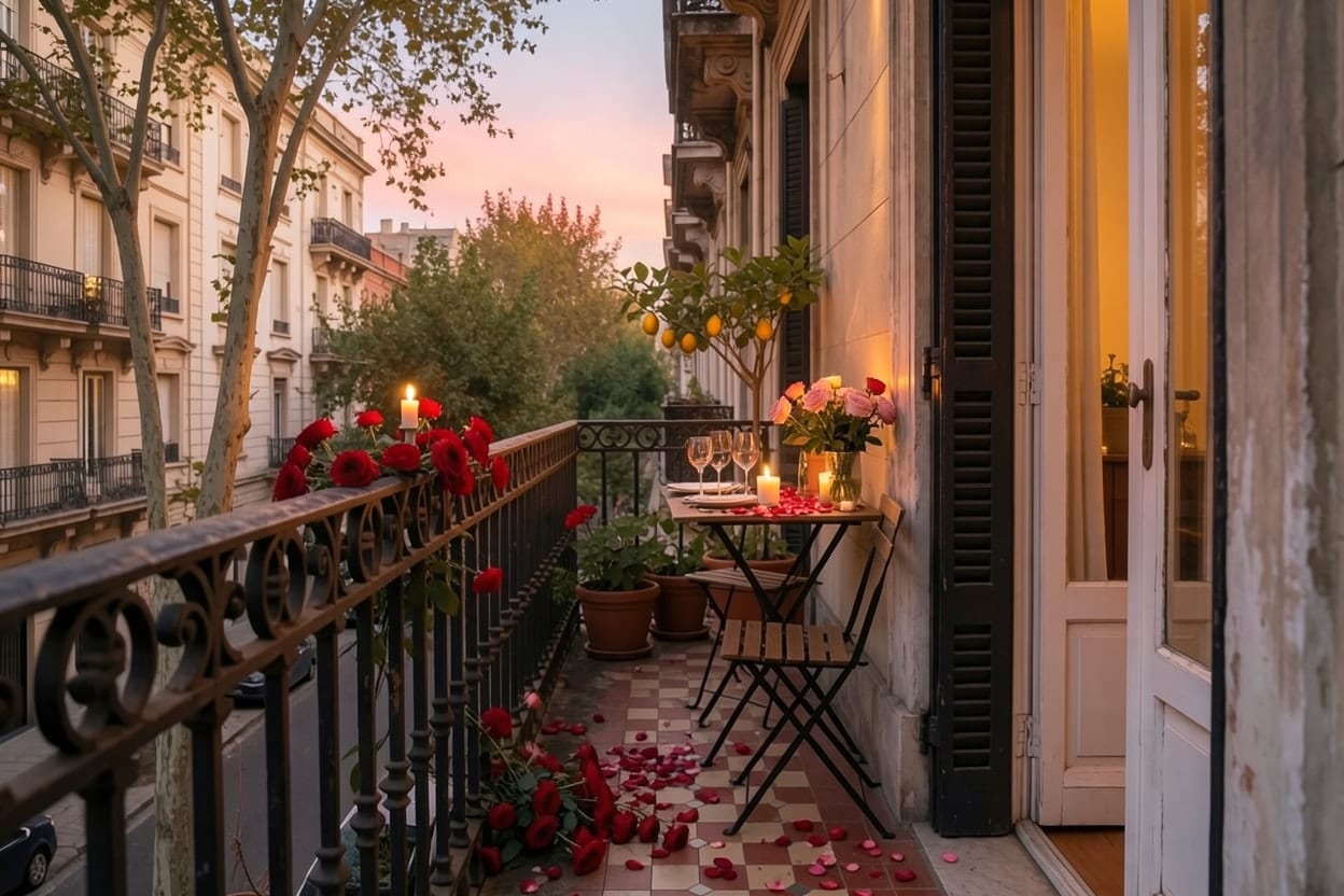 The narrow balcony of a flat in an old Buenos Aires building at dusk, decorated with the Valentine's Day theme.
