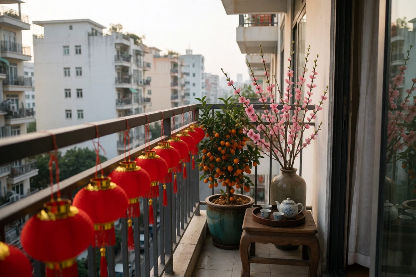 Ban công chung cư hẹp với hàng đèn lồng đỏ nhỏ dọc lan can sắt, chậu quất men, cành đào trong bình cao, đôn gỗ thấp và khay ấm chén