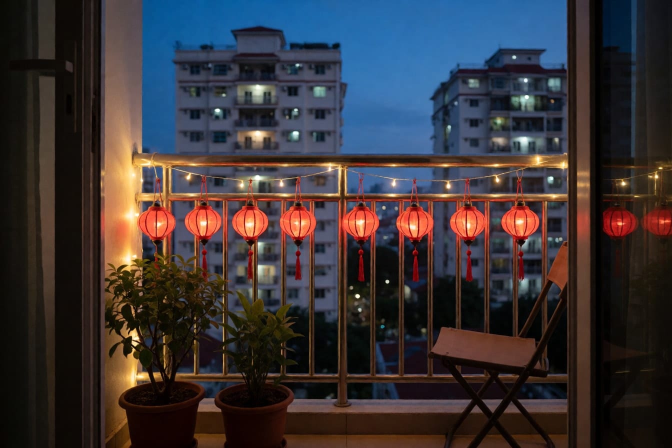 黃昏時的公寓小陽台,金屬欄杆上掛著一排紅色絲綢小燈籠和暖色串燈,遠處是亮燈的大樓
