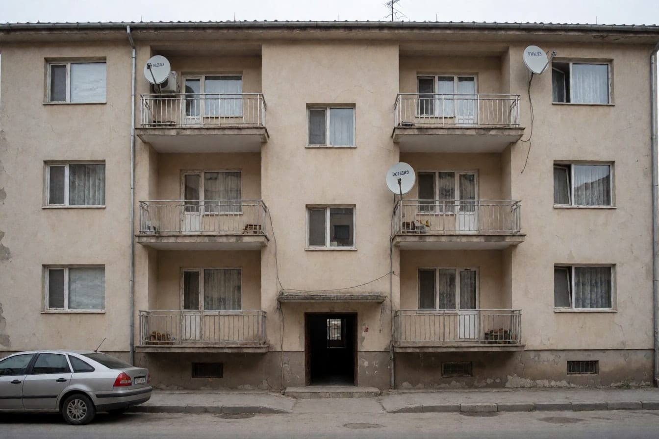 Bej sıvalı, metal balkonlu ve çanak antenli dört katlı sıradan bir apartmanın sokaktan görünen cephesi