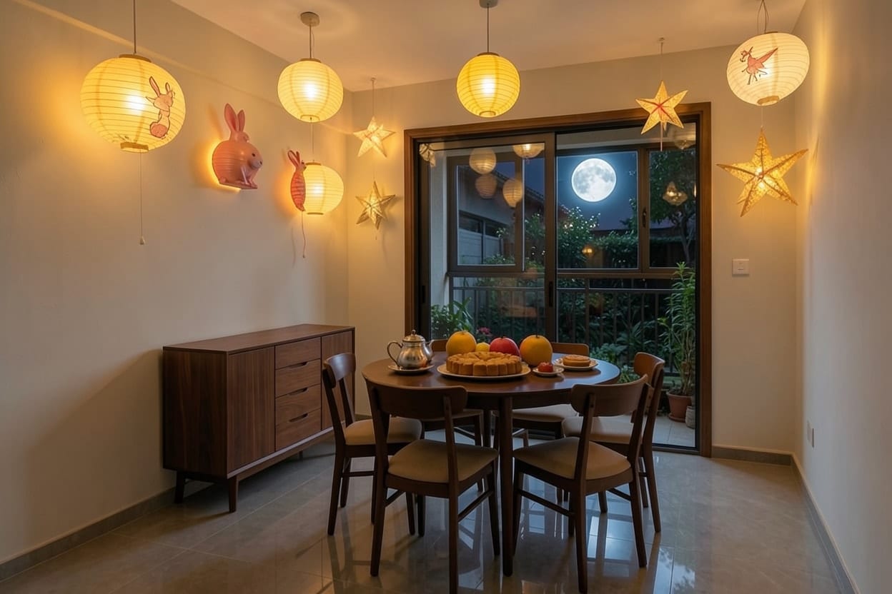 The dining area of an apartment, with a round table for six and an enclosed balcony, decorated for Mid-Autumn.