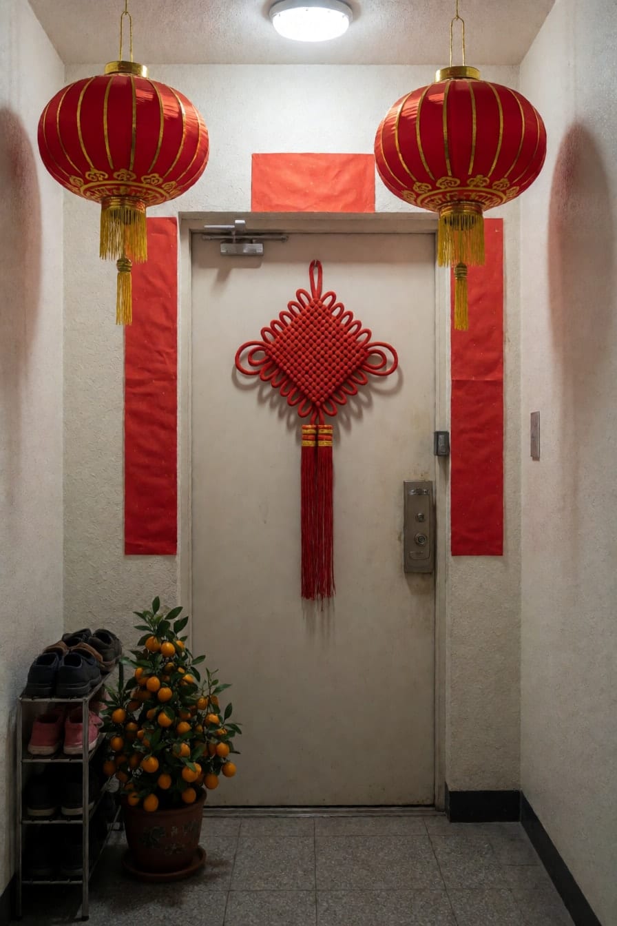 公寓樓梯間的大門兩側掛著紅色絲綢燈籠，門上一個大中國結，旁邊一盆金桔
