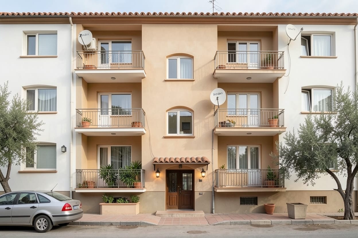 Dört katlı bir apartmanın Akdeniz stilinde yenilenmiş cephesi: sıcak beyaz sıva, terrakota detaylar ve gölgelikli balkonlar