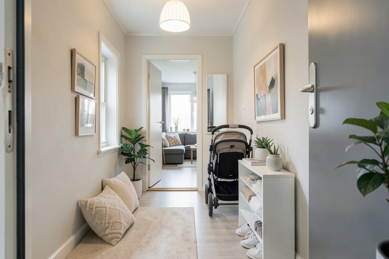 Sama eteinen minimalistisena: suljetut kaapit, penkki, muutama koukku ja kestävä kuramatto