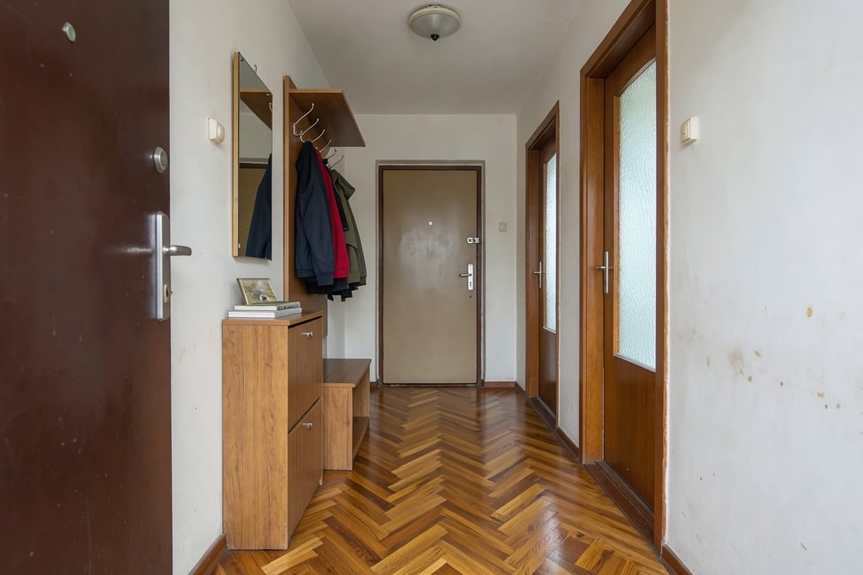 Același hol cu parchet în spic din lemn, cu pantofarul, cuierul și pereții la locul lor