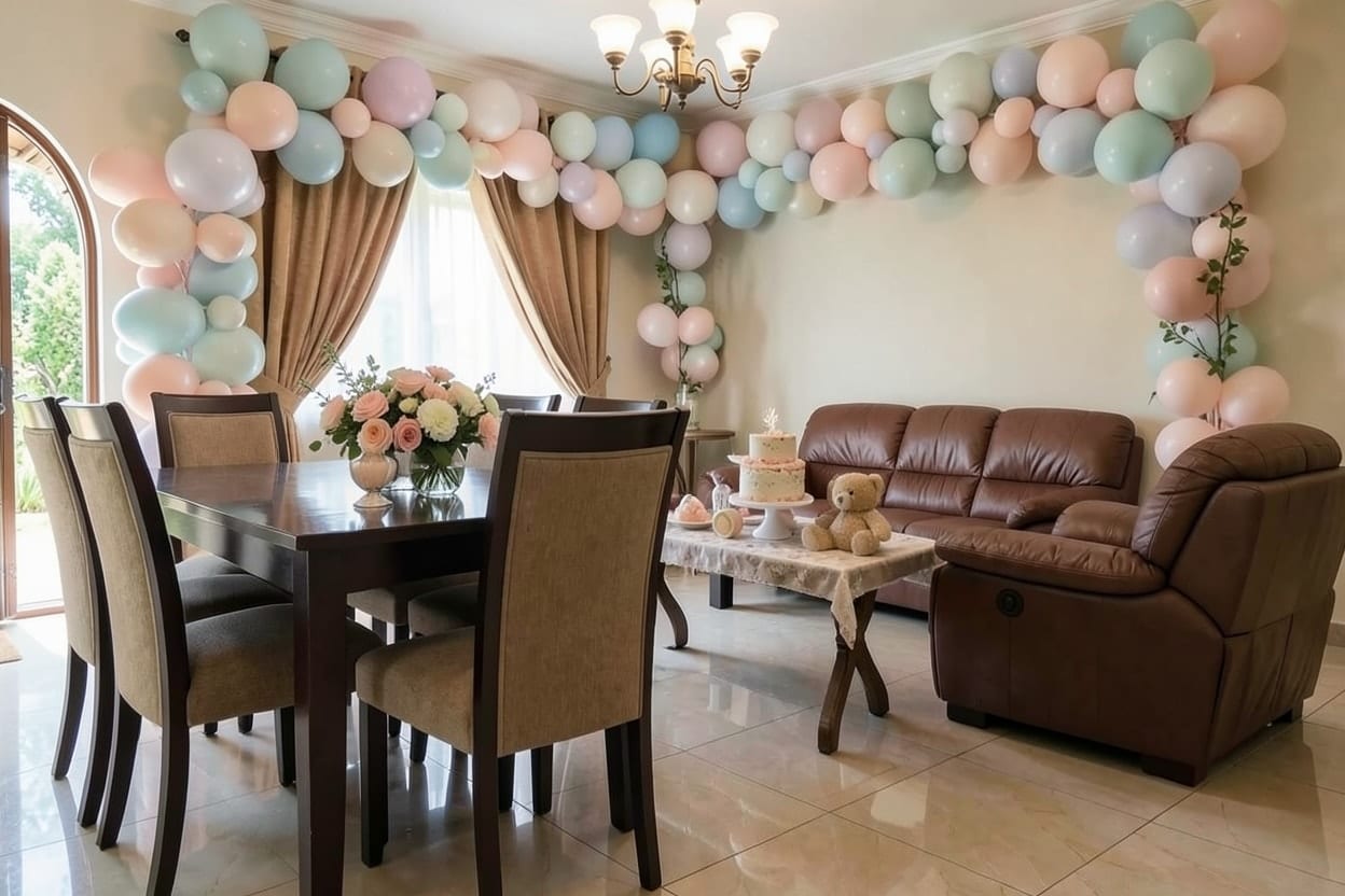 An evening view of a family apartment's living and dining room in Lagos, decorated for a baby shower.