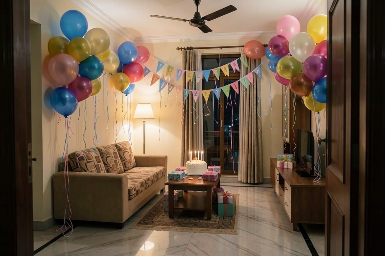 An apartment living room with a marble floor, photographed in the evening and decorated for a birthday party.