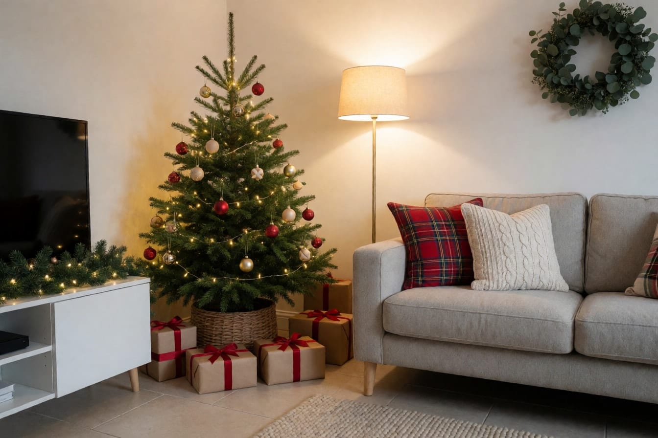Sala de apartamento decorada para o Natal com árvore iluminada num cesto, guirlanda sobre o rack, almofadas xadrez e presentes em papel kraft