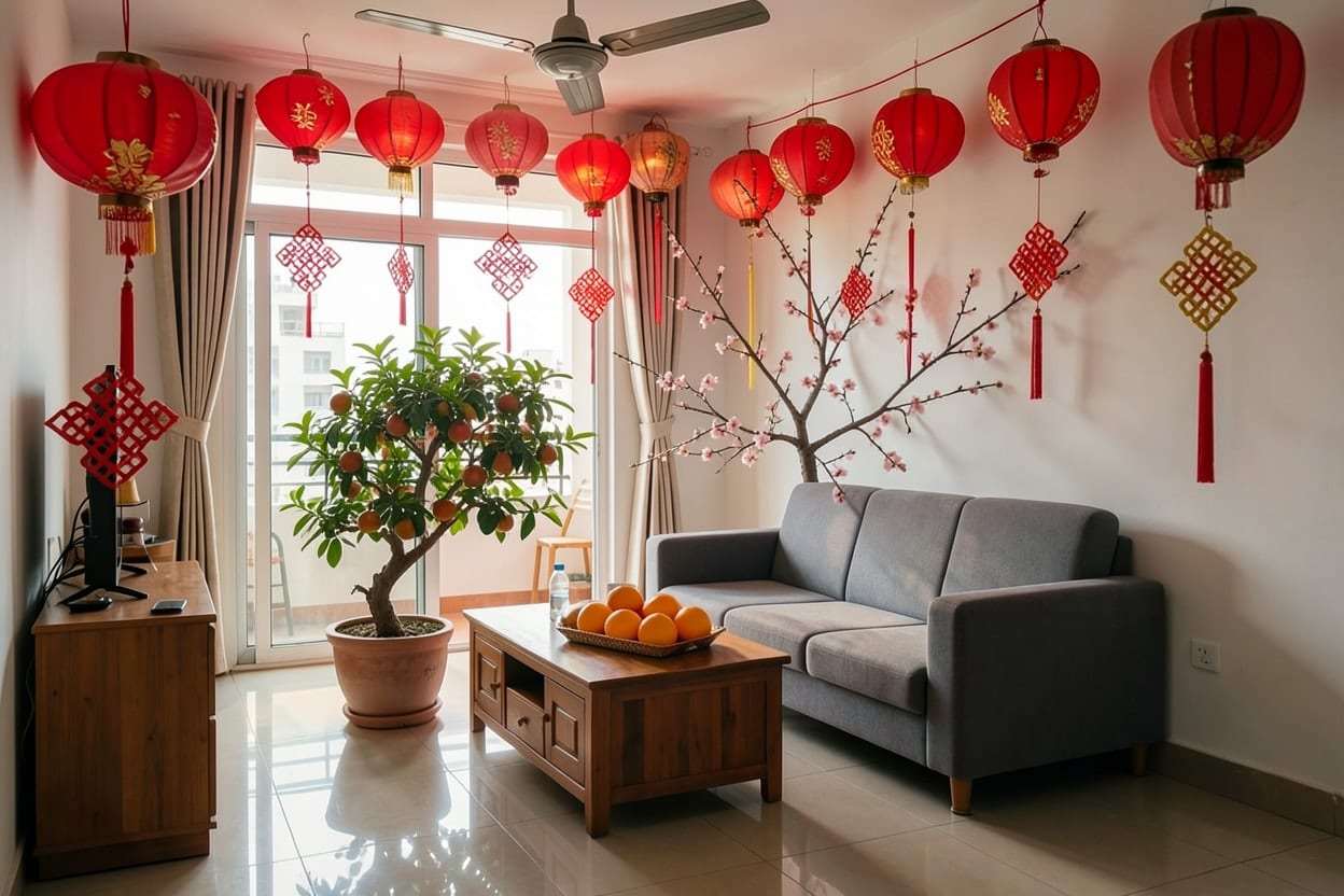 Phòng khách căn hộ ấy sau khi trang trí Tết với hoa mai, chậu quất, đèn lồng đỏ và điểm nhấn đỏ, sofa và kệ tivi giữ nguyên