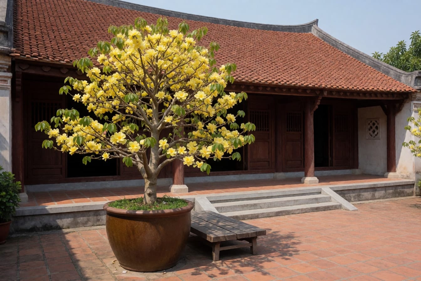 Cây mai vàng nở rộ trong chậu sành nâu giữa sân gạch đỏ, ghế băng gỗ thấp bên cạnh, hiên nhà lát gạch phía sau