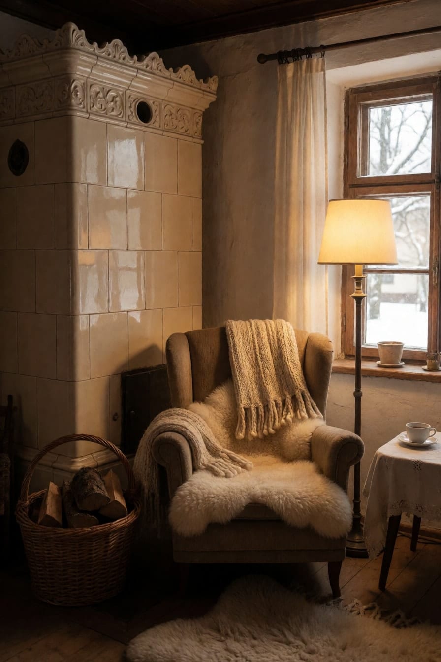 Krémová kachlová kamna, vedle nich křeslo s ovčí kůží a pleteným plédem, koš s dřívím a rozsvícená stojací lampa