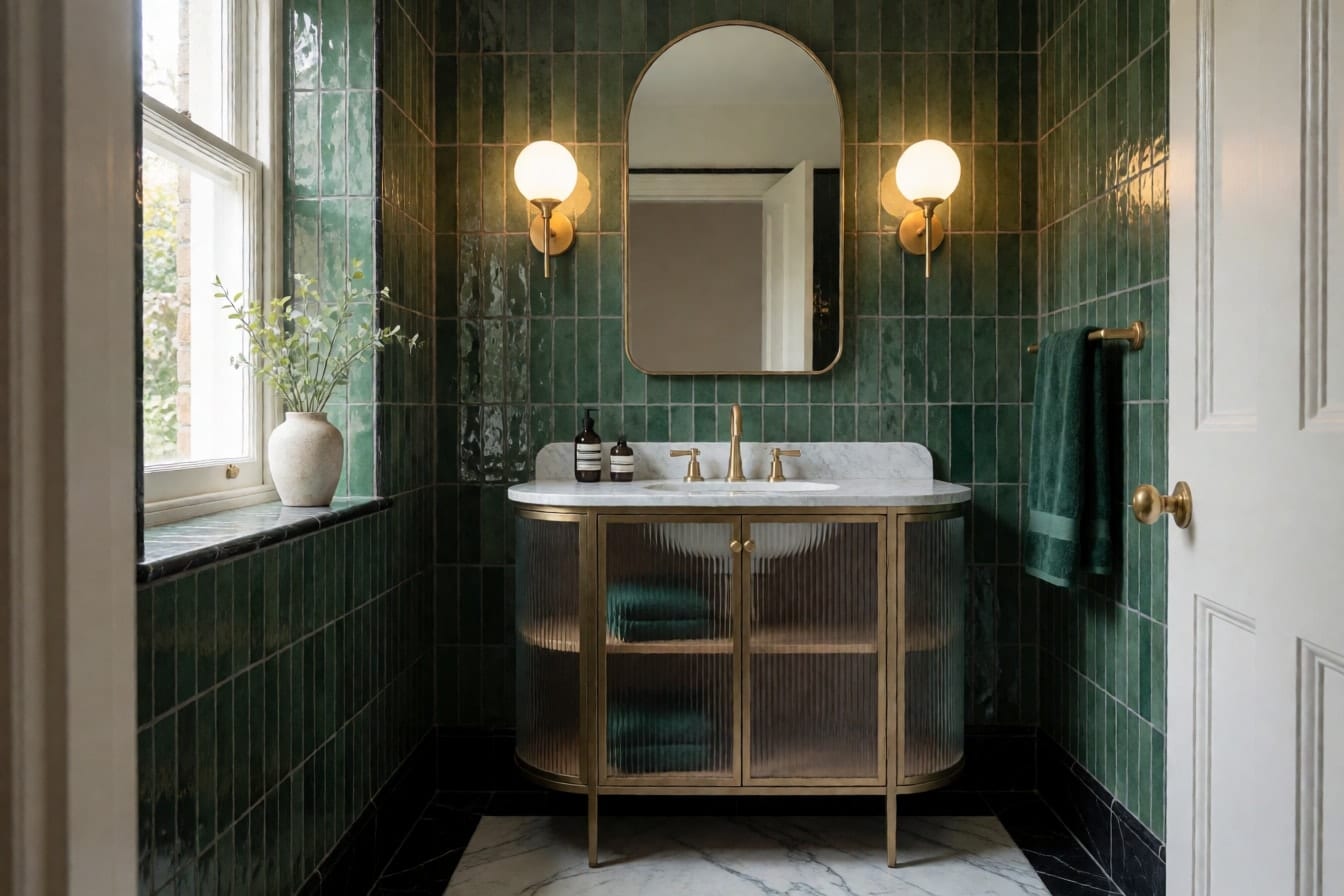 Baño art déco con azulejo verde oscuro, mueble curvo con puertas de vidrio acanalado y espejo en arco de latón