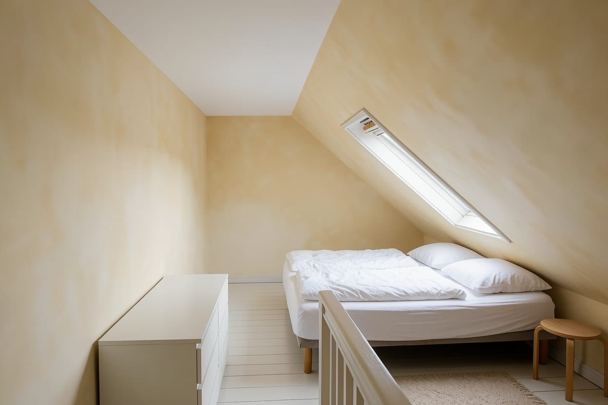 Det vita vindssovrummet med varma kalkmålade väggar i en mjuk, molnig yta under snedtaket