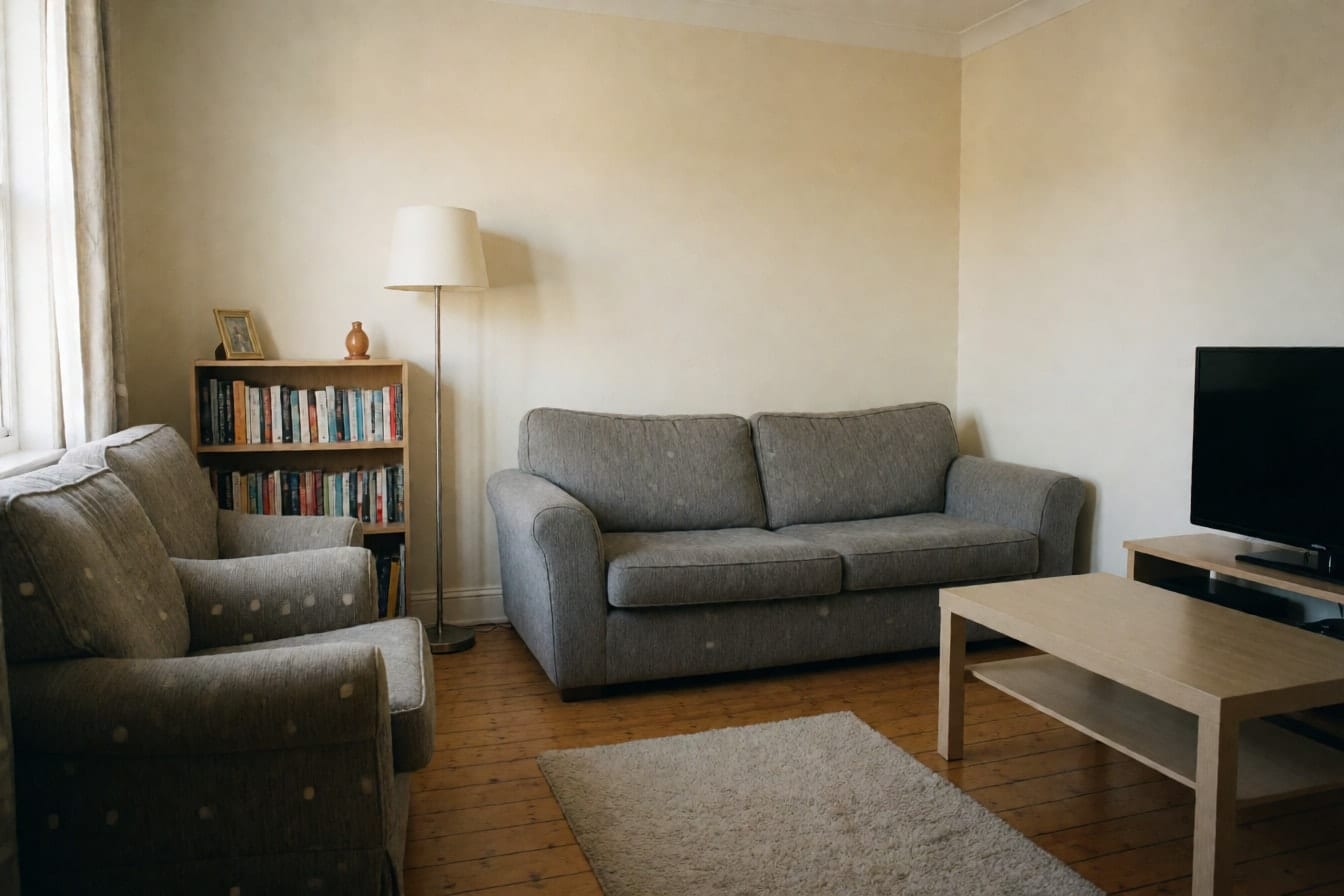 A living room with the sofa pushed against the back wall, far from the TV, and a small off-center rug