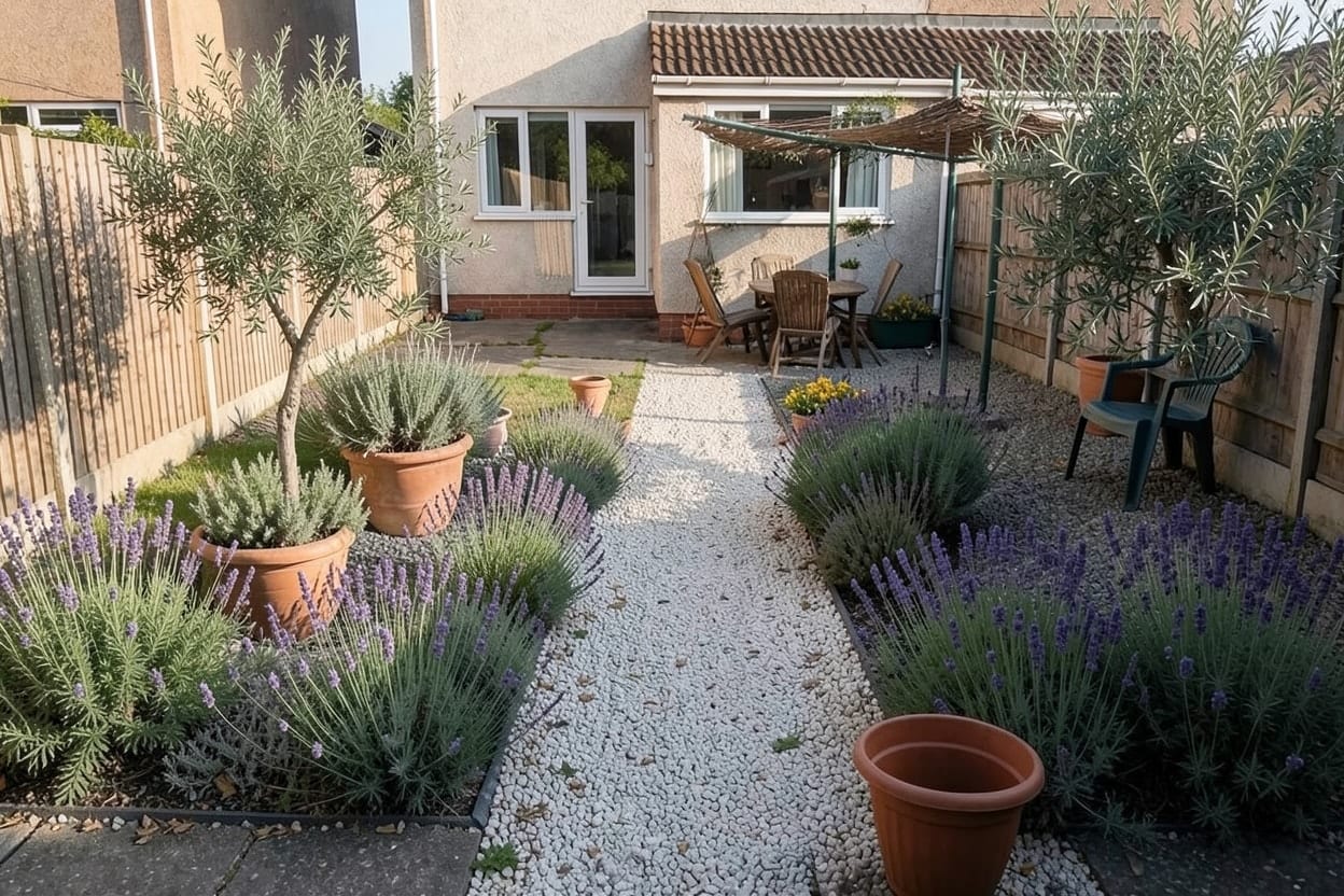 El mismo patio convertido en jardín mediterráneo, con grava, olivos, lavanda y un rincón con sombra para sentarse
