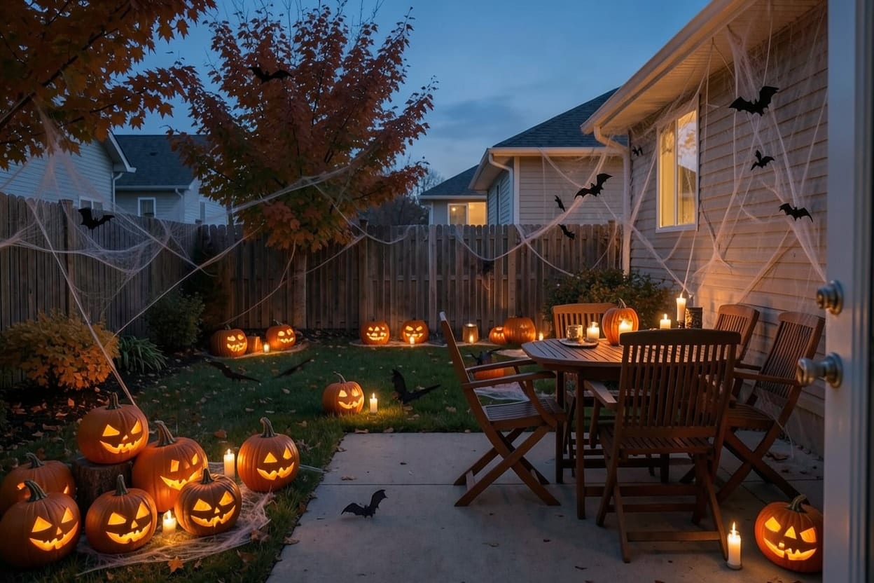 The same backyard at night with a lantern-lit path, pumpkins on the patio table and cobwebs in the shrubs