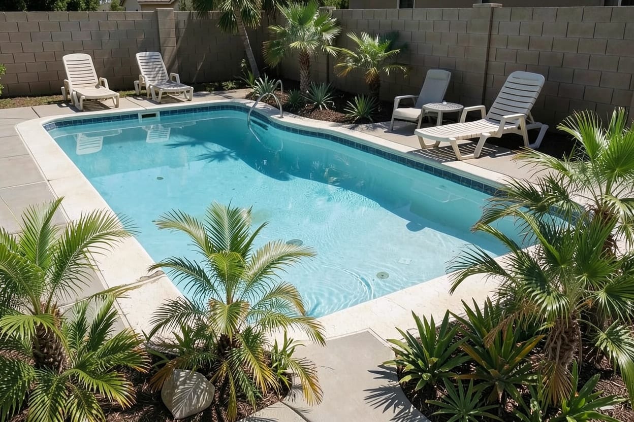 La misma piscina reimaginada en estilo tropical, con borde de piedra, tarima de madera, palmeras y tumbonas