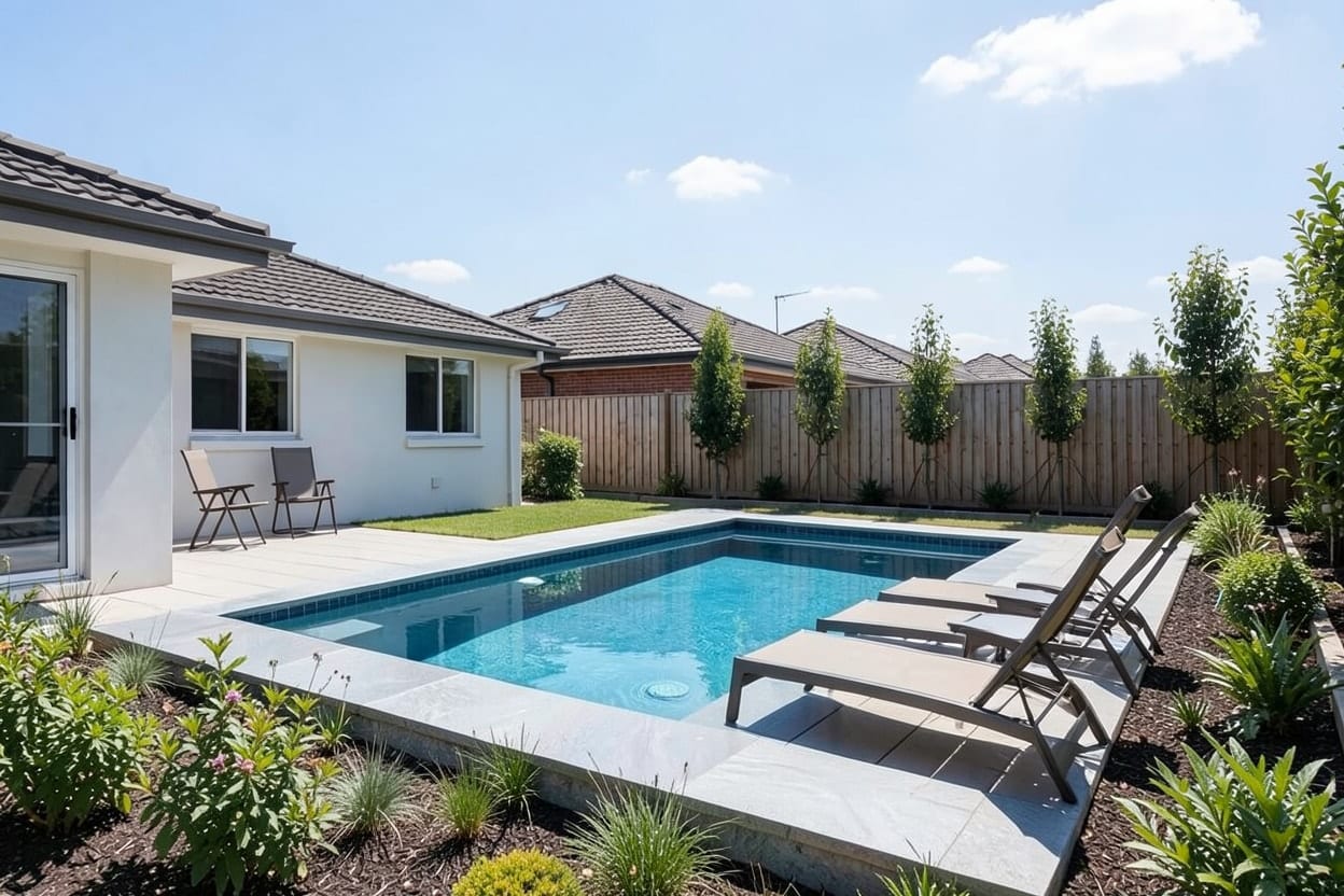 The same backyard with a modern rectangular pool, pale decking around it and new planting along the fence