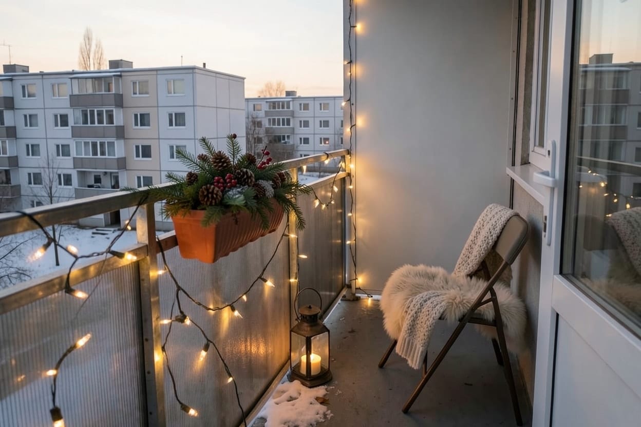 Stejný balkon se světýlky na zábradlí, truhlíkem plným smrkových větviček a šišek, lucernou a kožešinou na židli