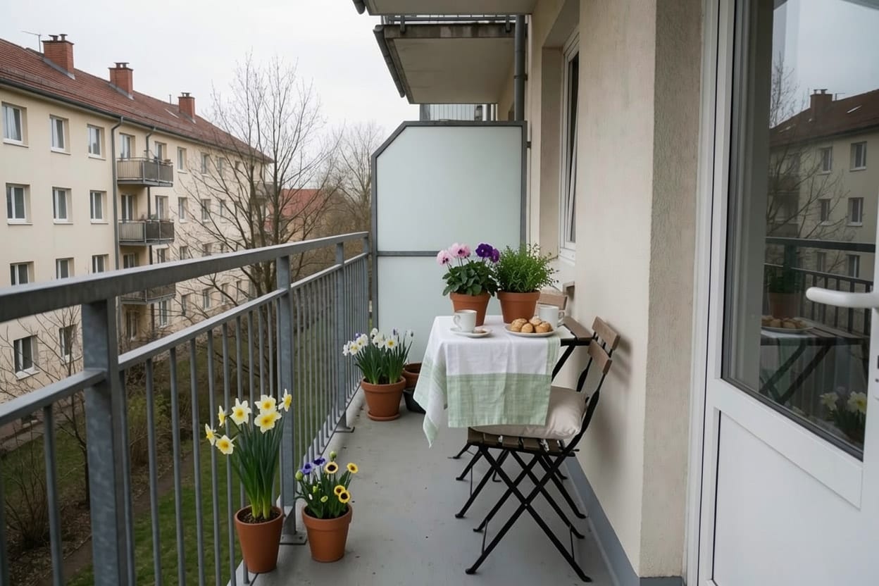 Derselbe Balkon mit grün-weißem Tuch, Stiefmütterchen und Kräutern auf dem Tisch, Kissen auf den Stühlen und Narzissen in den Töpfen