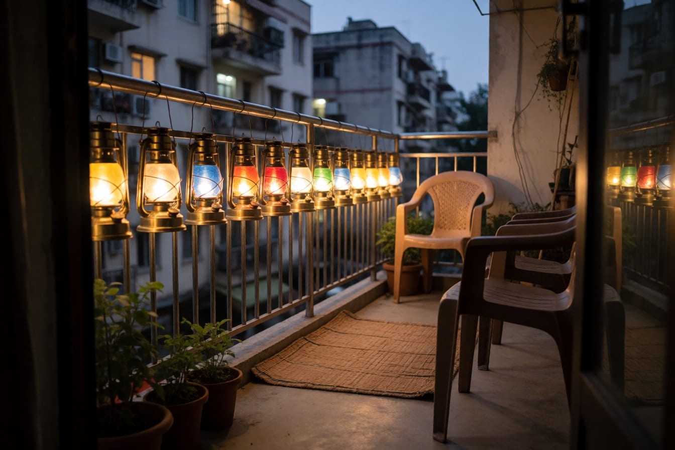 সন্ধ্যায় শহরের ফ্ল্যাটের সরু বারান্দায় রঙিন কাচের পিতলের ফানুসের সারি, নিচে মাদুর আর দুটি প্লাস্টিকের চেয়ার