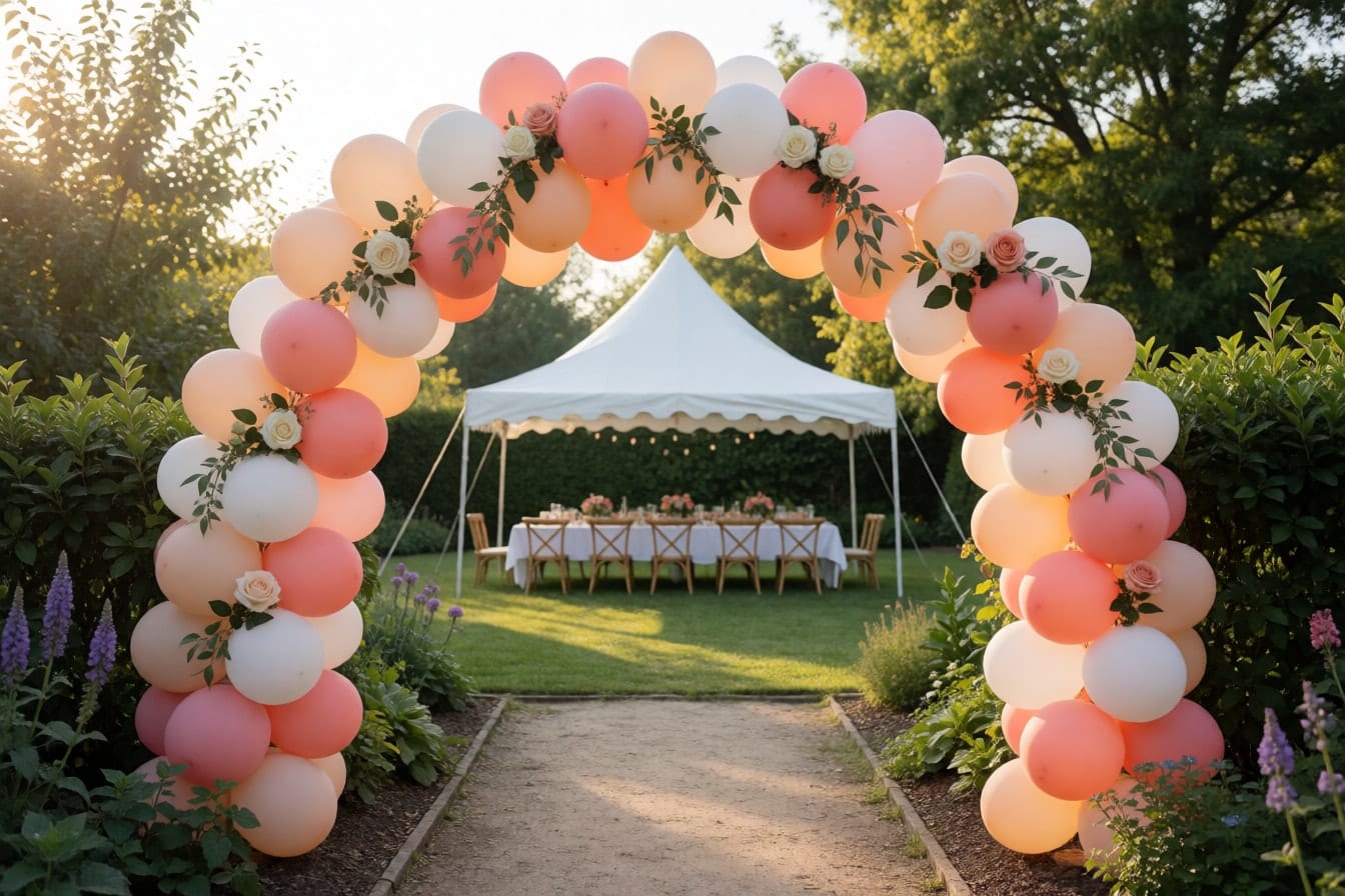 Balloon arch na peach, coral at puti na may rosas sa daanan sa damuhan papunta sa puting tent na may mahabang mesa