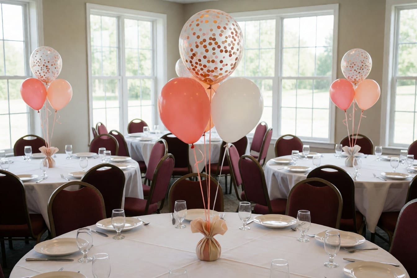 Mga bilog na mesa na may puting tela, bawat isa may centerpiece ng tatlong lobong coral, peach at puti at clear na confetti balloon