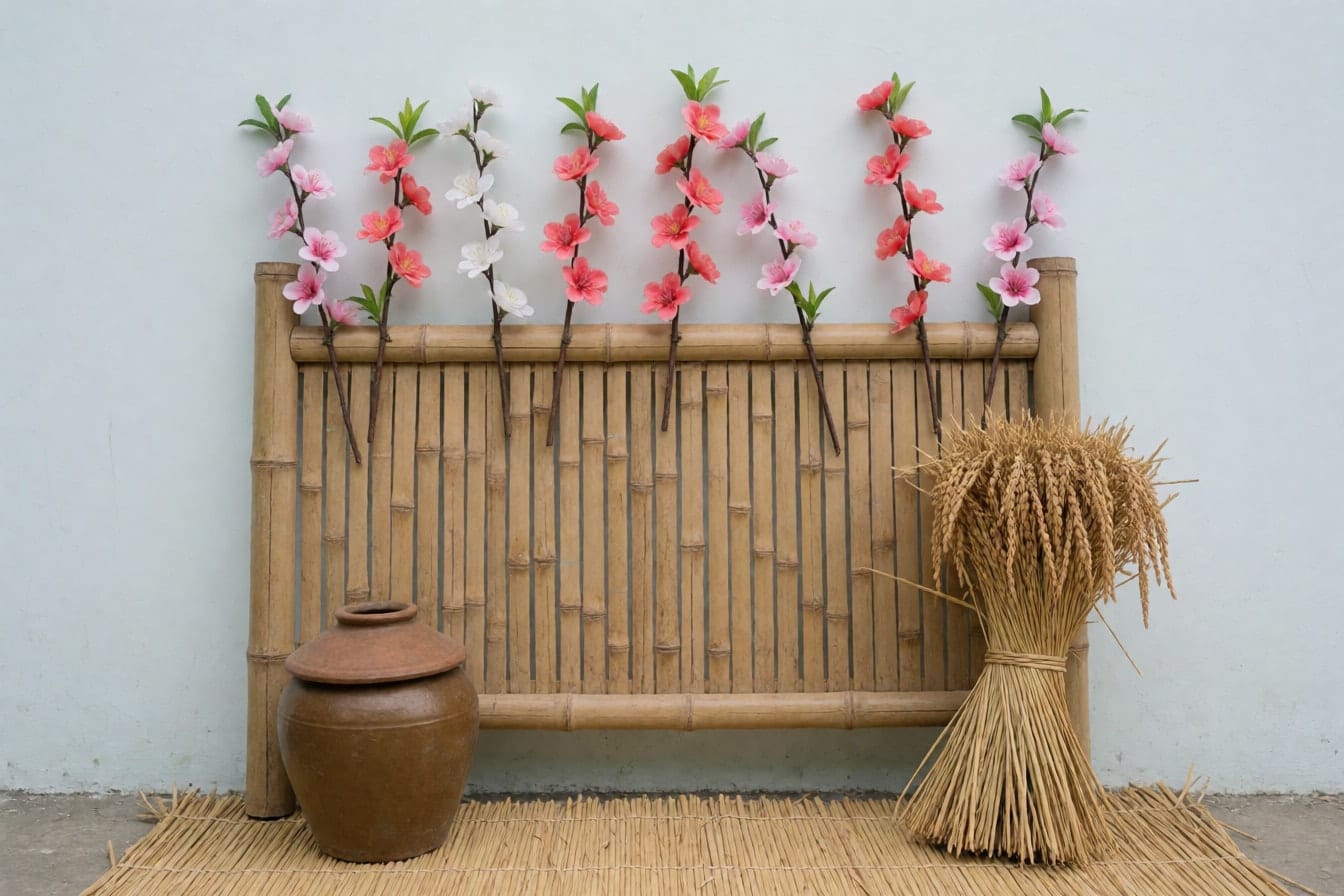 Tấm hàng rào tre cao khoảng một mét dựa tường sáng màu, hoa đào hồng và hoa mai vàng bằng giấy buộc dọc thanh trên, hũ đất nâu và bó rơm vàng dưới chân