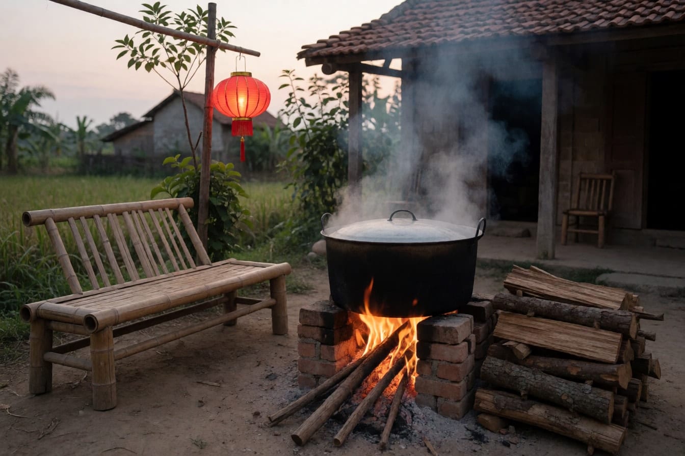 Nồi lớn luộc bánh chưng trên bếp củi kê gạch ở sân sau lúc chiều tối, đống củi, ghế tre và đèn lồng đỏ treo trên cột