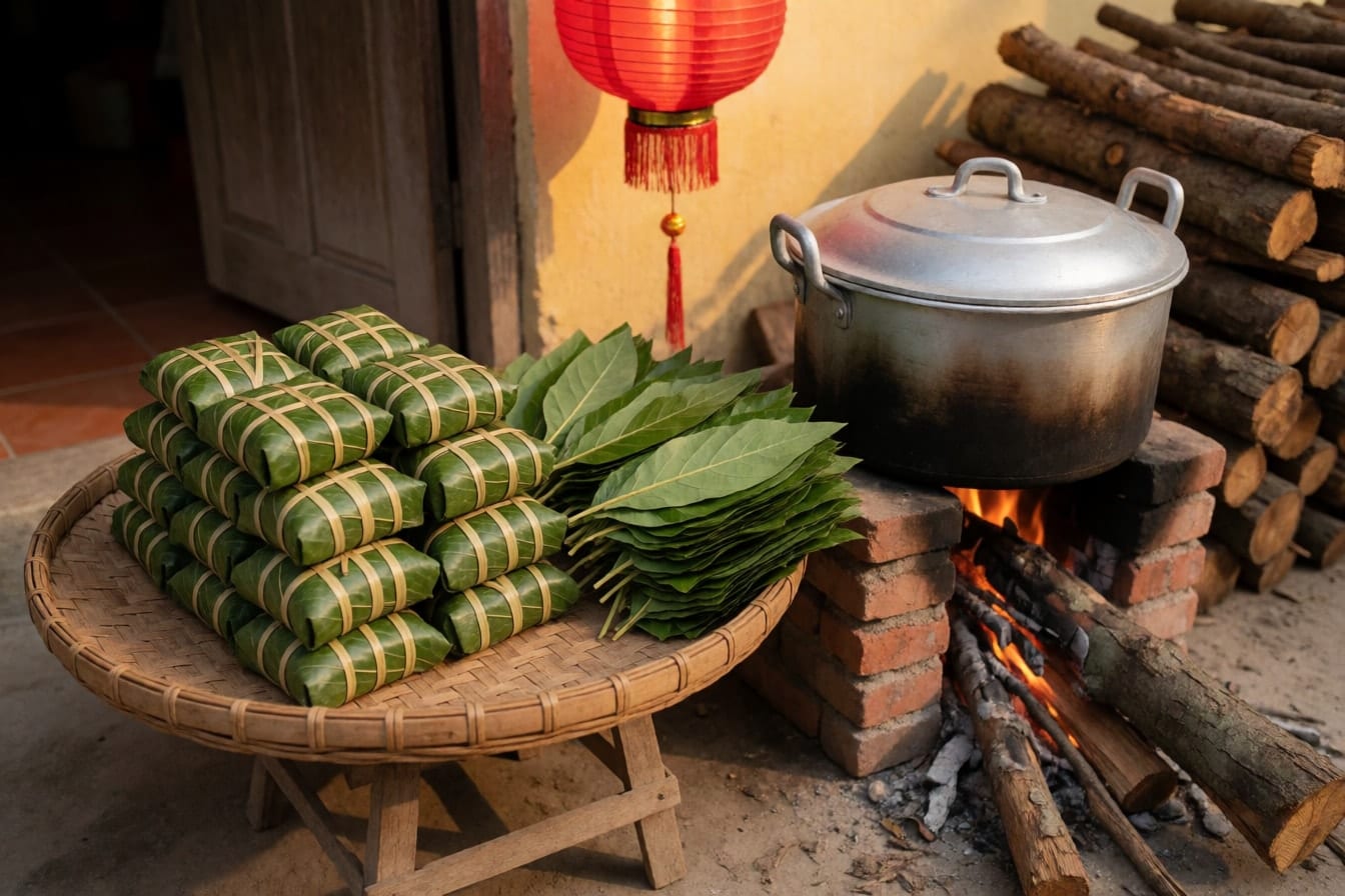 Chồng bánh chưng gói lá dong buộc lạt trên nia tre, bó lá dong tươi, nồi lớn trên bếp gạch với củi xếp cạnh và đèn lồng đỏ treo phía trên