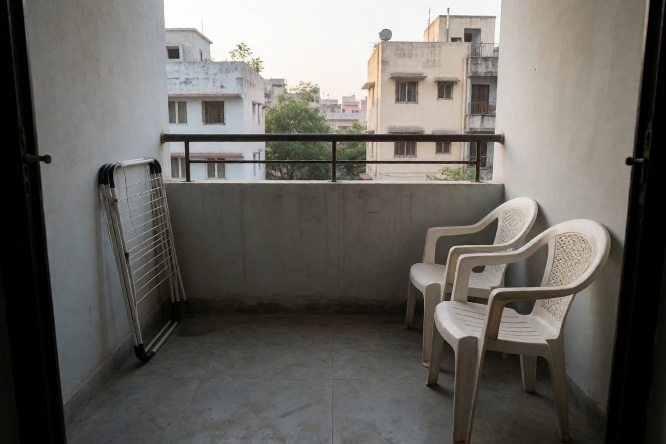 सीमेंट टाइल वाली छोटी खाली बालकनी, दो प्लास्टिक की कुर्सियां, कपड़े सुखाने का स्टैंड और सामने की इमारतें