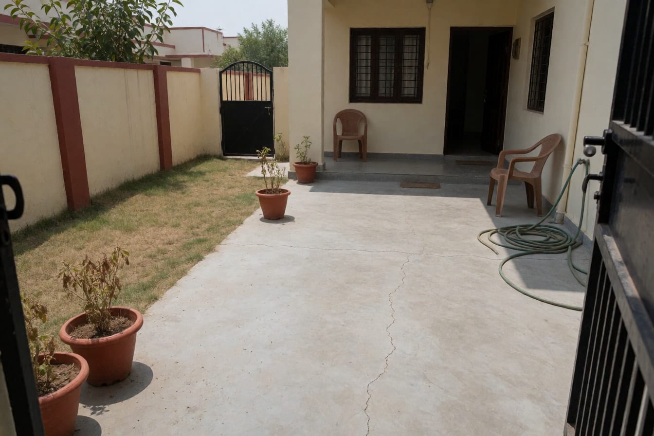 मकान के सामने का छोटा आंगन, दरारों वाला सीमेंट फ़र्श, सूखी घास, आधे सूखे गमले, एक प्लास्टिक कुर्सी और लिपटा हुआ पाइप