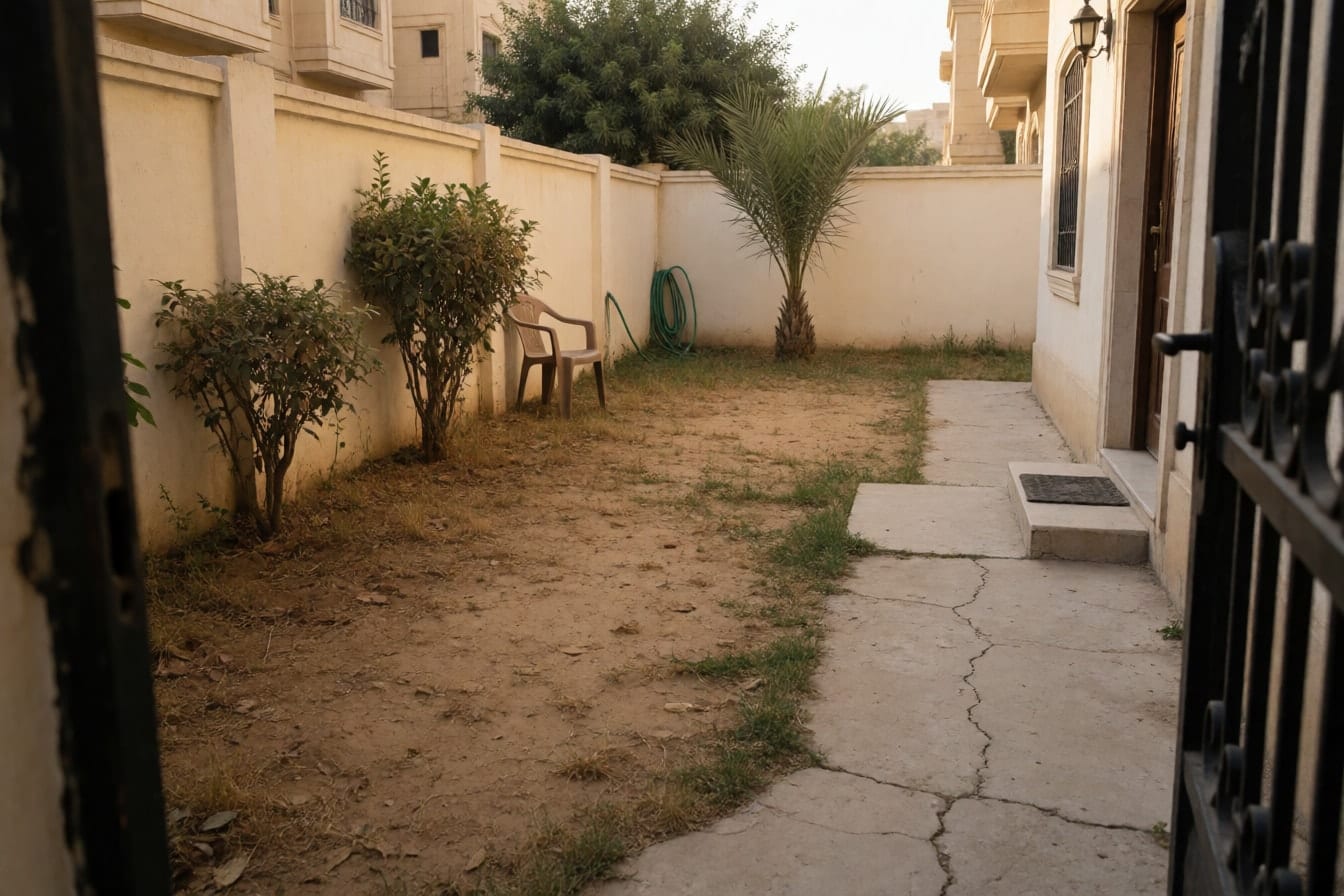حديقة أمامية جرداء لفيلا في ضواحي القاهرة بتربة رملية وعشب ذابل وممر خرساني متشقق ونخلة صغيرة