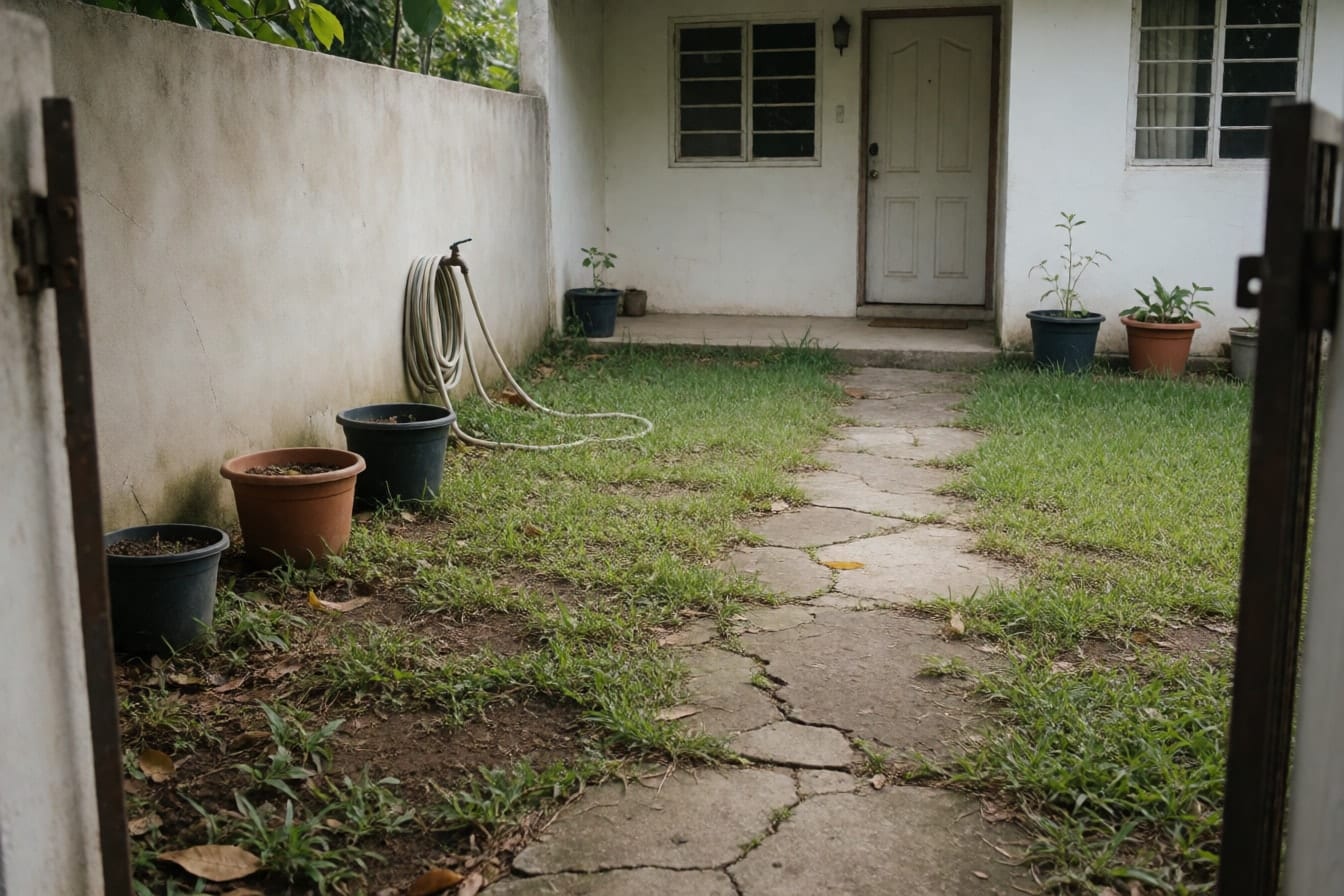 Halaman depan kecil dengan rumput bolong, jalan setapak beton retak, pot plastik di dekat tembok, dan selang air tergulung