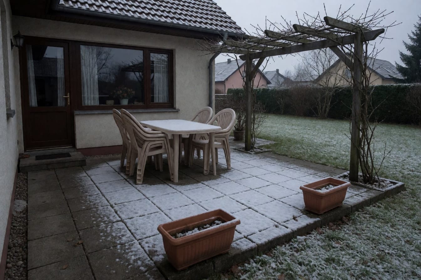 Dlážděná terasa za domem v zimě s plastovým stolem, složenými židlemi, prázdnými květináči a holou pergolou