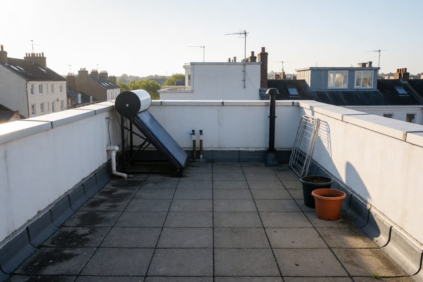 Terrazzo condominiale vuoto con piastrelle grigie macchiate, parapetto bianco, uno scaldabagno solare, due vasi di plastica vuoti e i tetti della città sullo sfondo