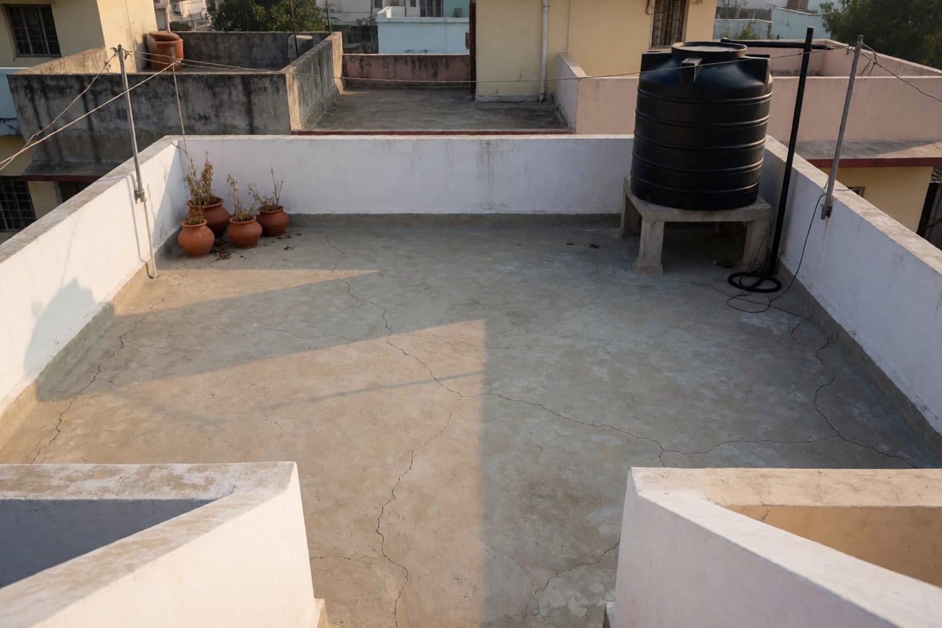मकान की खाली छत: सीमेंट का फ़र्श, सफ़ेद पैरापेट, काली पानी की टंकी और सूखे पौधों के गमले