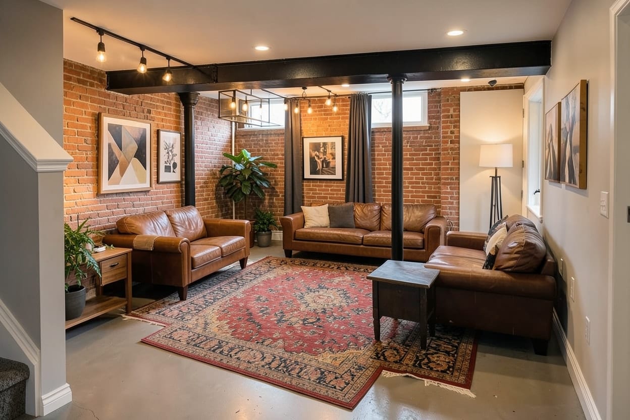 An empty finished basement with a low ceiling and recessed lights, furnished as a Basement in the Industrial style.