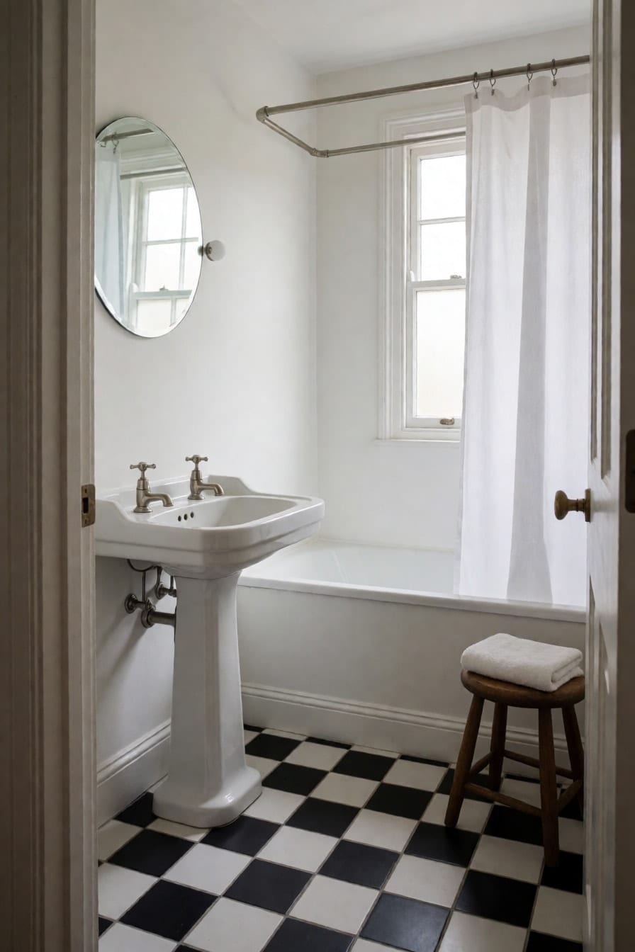 Baño pequeño con suelo de baldosa en damero blanco y negro, lavabo de pie, espejo redondo y bañera