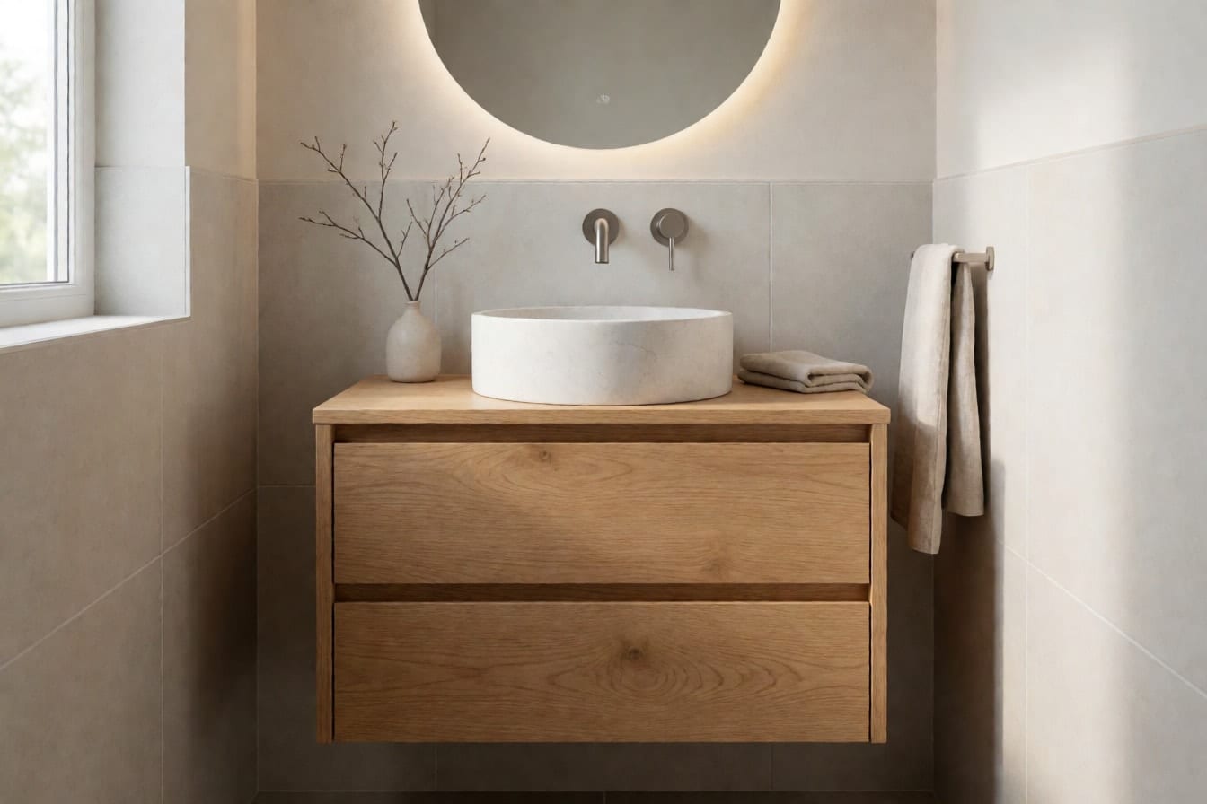 Rincón de baño japandi con mueble suspendido de roble claro, lavabo de piedra redondo y espejo retroiluminado